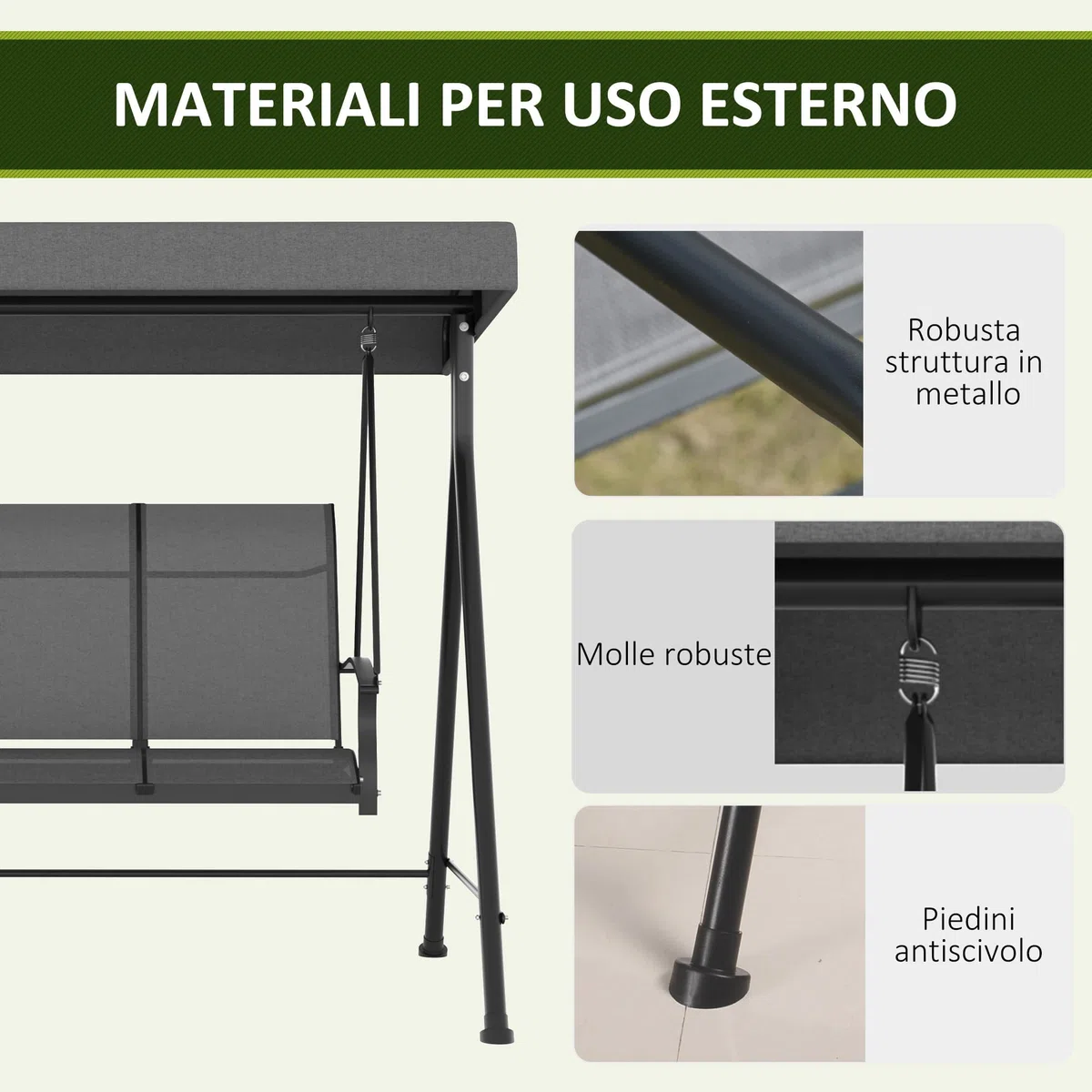 Outsunny Dondolo da Giardino 3 Posti con Tettuccio Parasole Regolabile, Dondolo da Esterno con Seduta Traspirante a Rete e Piedini Antiscivolo in Poliestere e Metallo, 200x133x176 cm, Grigio Scuro