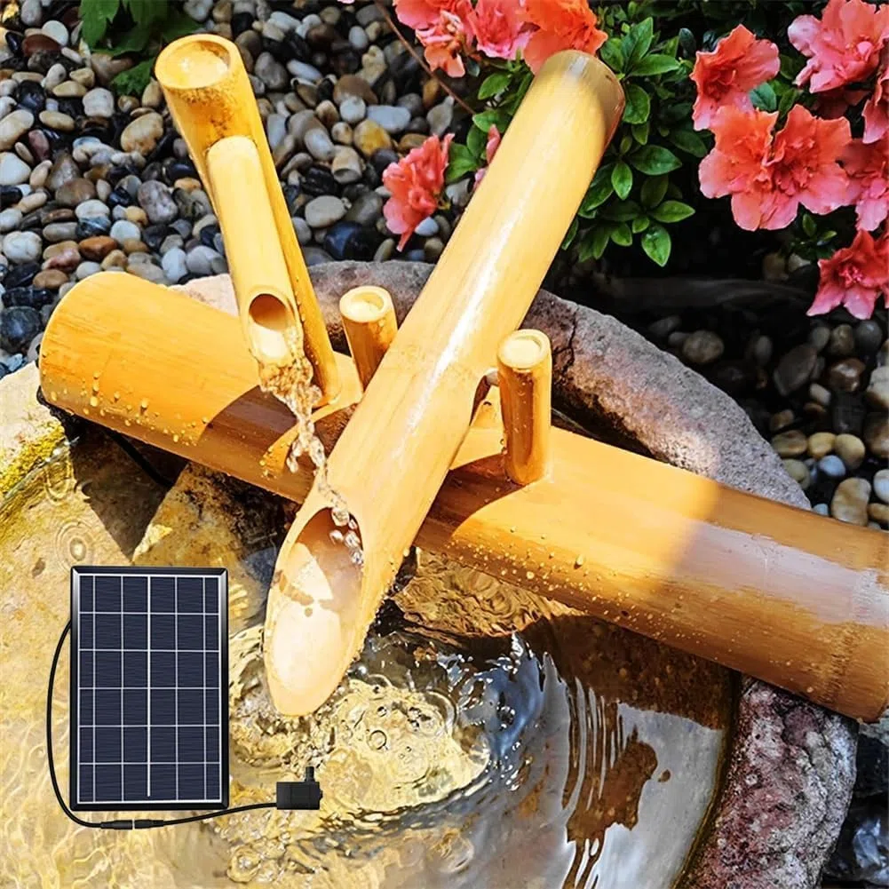 Fontana d'Acqua di bambù ad energia Solare, ugello a Cascata da Giardino Giapponese, Fontana a Cascata Decorativa per Esterni in bambù per Cortile Cortile 100% Fatta a Mano
