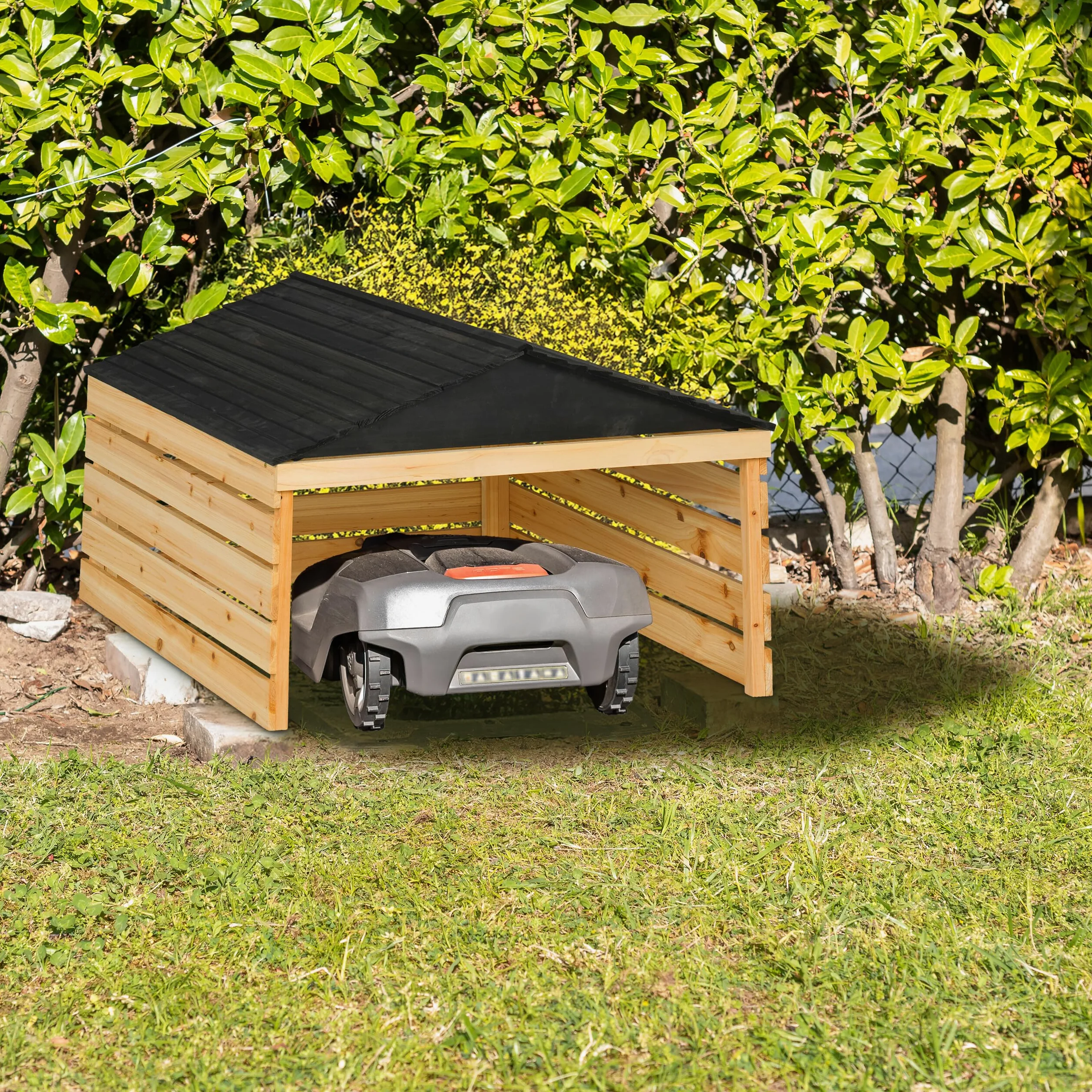 Relaxdays Garage per Tagliaerba Universale, Casetta per Robot Taglia Erba, 52,5x79x74 cm, Tettoia Legno, Naturale Nero