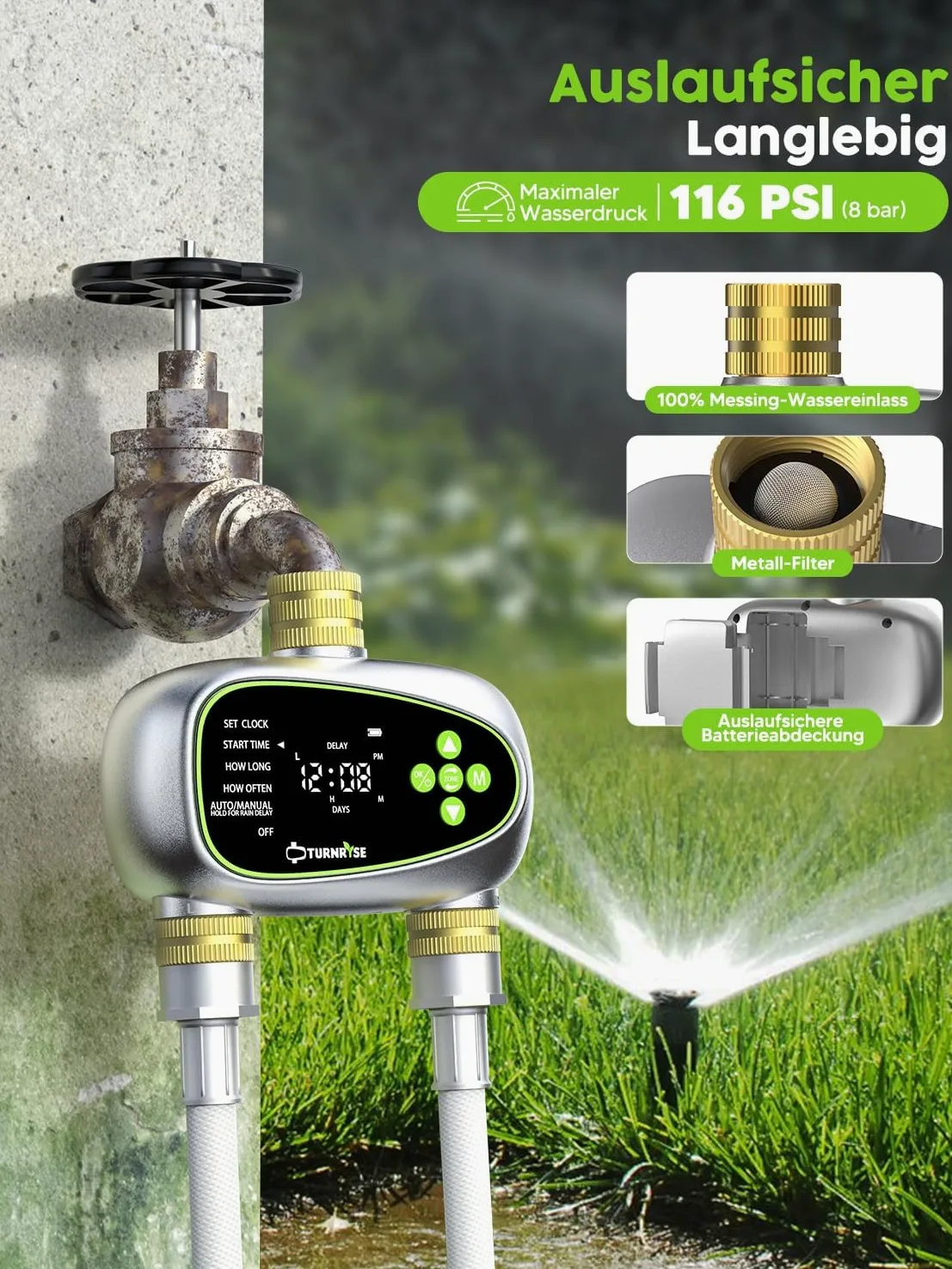 Centralina di Irrigazione 2 Vie Timer Irrigazione con Ingresso e Uscita in Ottone Ritardo della Pioggia e Irrigazione Automatica Manuale con Programmi per Prati e Giardini