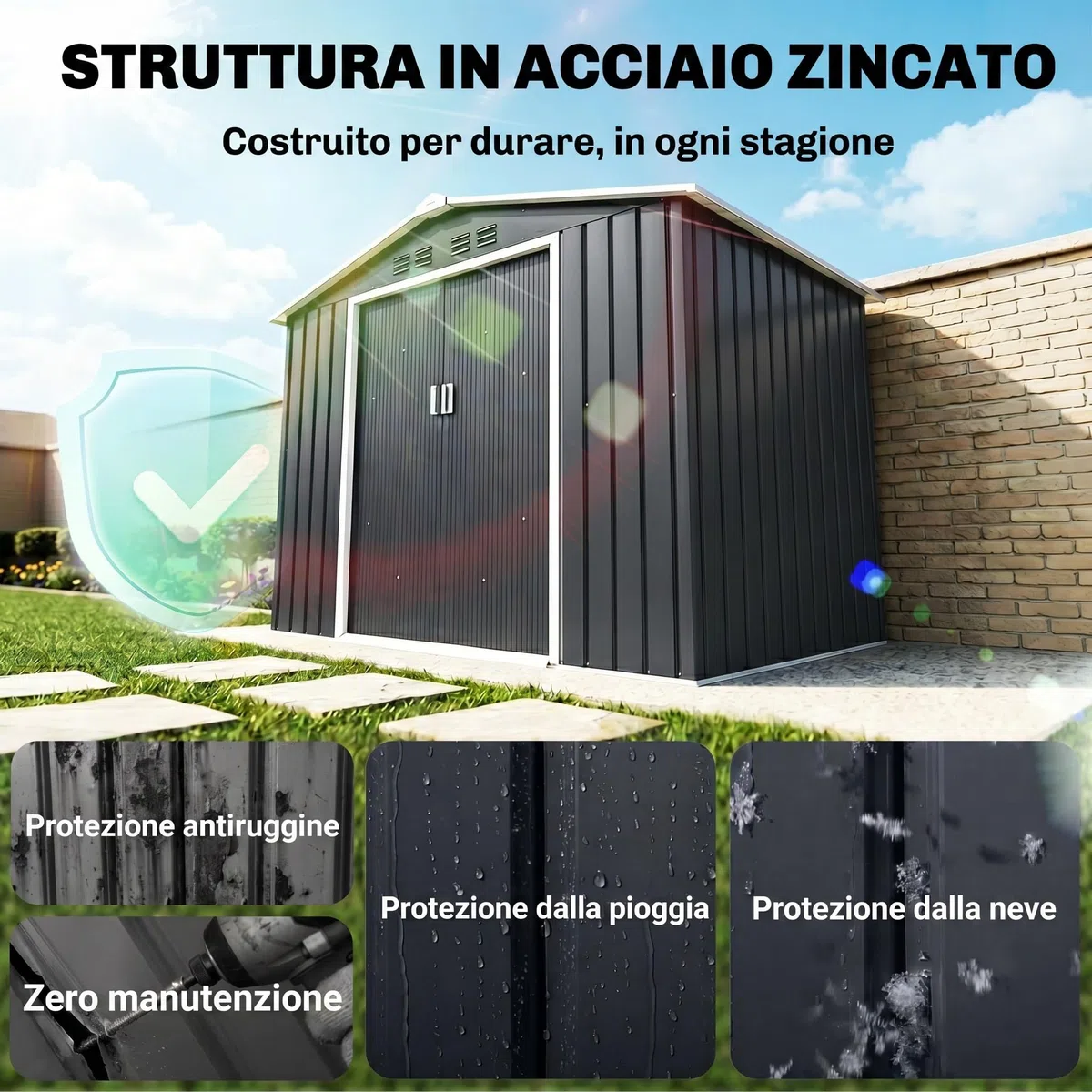 Outsunny Casetta da Giardino 2.42m² in Acciaio Zincato con Prese d'Aria e Kit Fondazione, Capanno da Giardino con Lucernario, Doppia Porta Scorrevole Bloccabile, Tetto Inclinato, Grigio Scuro