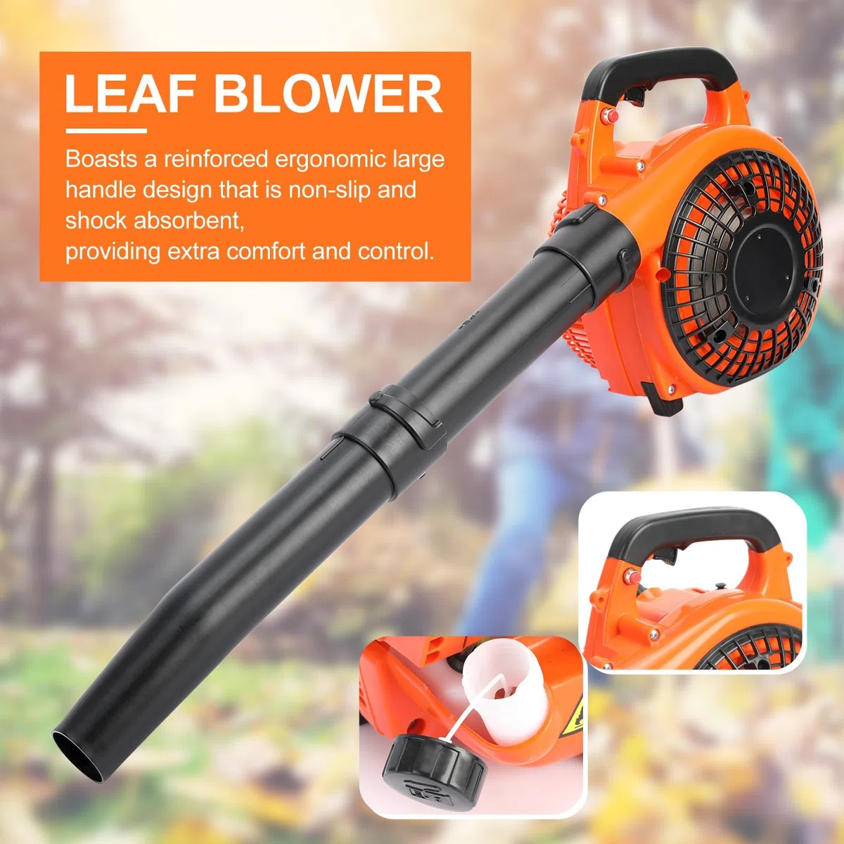 Soffiatore di foglie a benzina 26cc potente, soffiatore portatile motore 2 tempi raffreddato ad aria, avvio semplice, impugnatura ergonomica antivibrazione per giardino cortile pulizia esterna