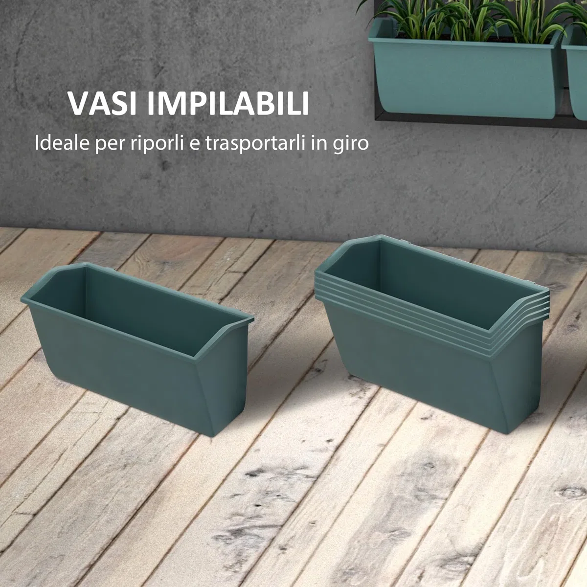 Outsunny Porta Piante da Esterno Verticale a 3 Livelli, 6 Vasi per Piante da Esterno in Plastica con Fori di Drenaggio, Portavasi da Appendere per Fiori ed Erbe Aromatiche, 52x14x66 cm, Verde Scuro