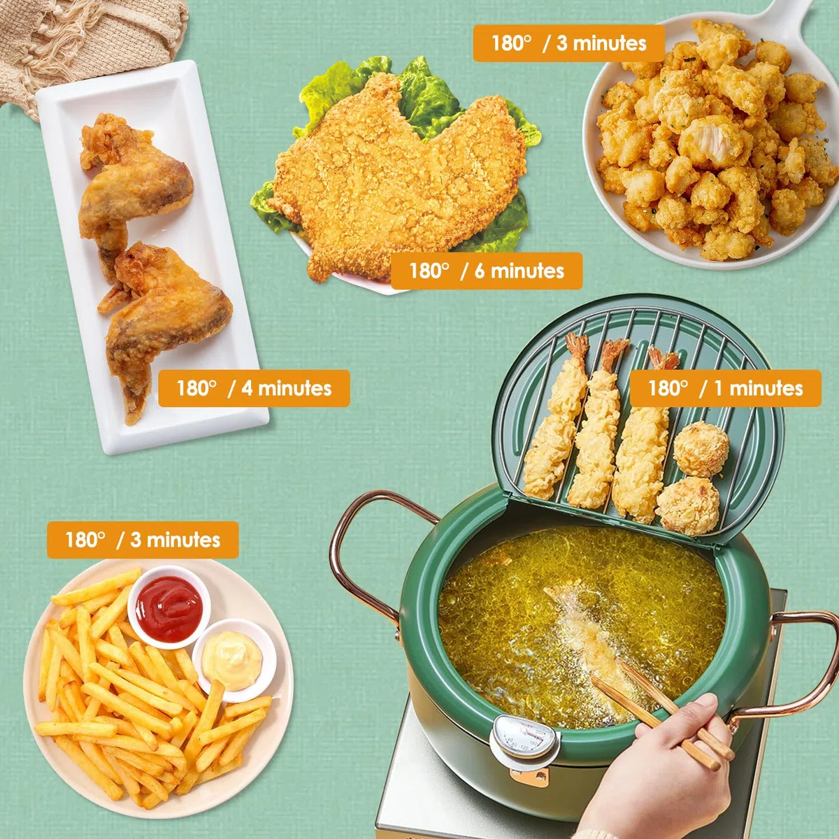 Pentola per Friggere in Acciaio Inossidabile, Friggitrice per Tempura con Termometro, Coperchio e Scolagocce per Olio, Padella non Rivestita in Stile Giapponese per Patatine Fritte, Pesce, Gamberi