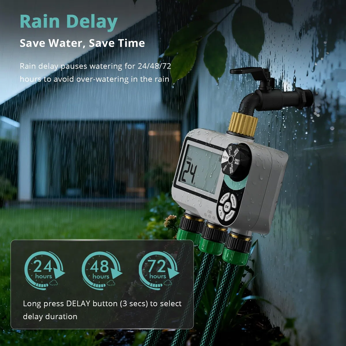 QUOBAS Timer per irrigatore per tubo da giardino, programmabile in ottone, timer digitale dell'acqua con blocco bambini, ritardo pioggia/auto/manuale, 3 modalità, grande schermo impermeabile