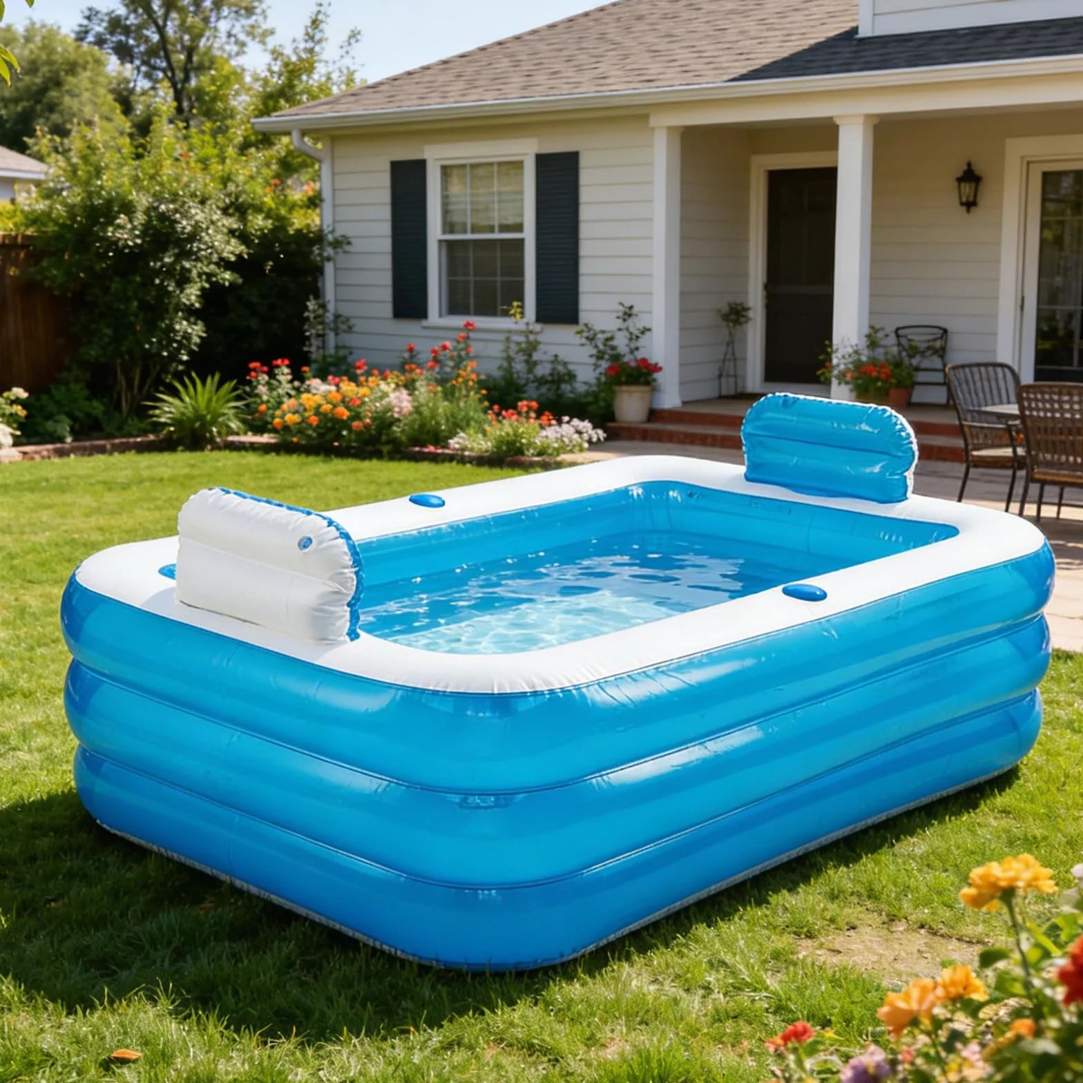 Piscina gonfiabile, vasca da bagno pieghevole, gonfiabile, per adulti, idromassaggio all'aperto, piscina per balcone, giardino, piscina rettangolare con grande schienale in balza e supporto