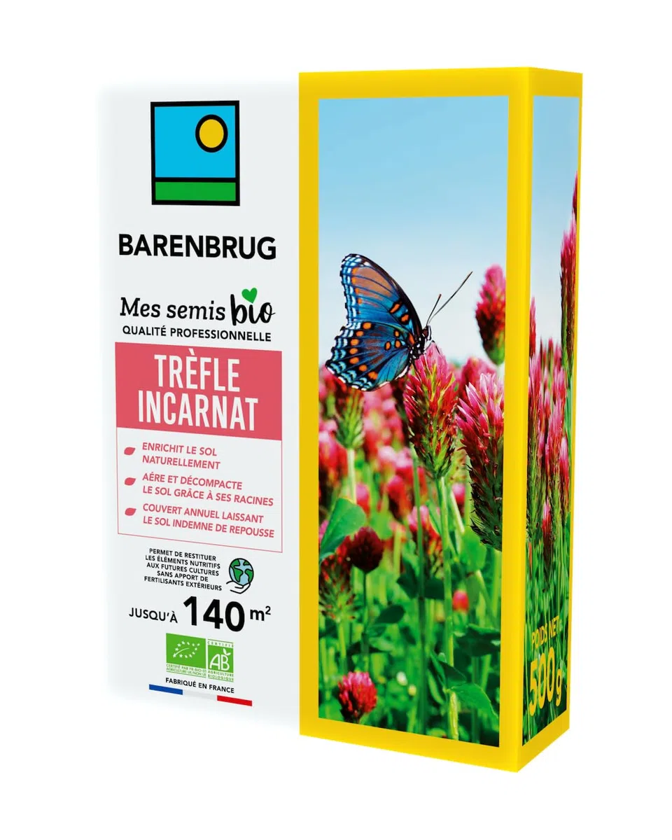 BARENBRUG - Trifoglio Incarnato BIO - Arricchisce naturalmente il suolo - Aria e Discompatta - Copertura Annuale Senza Rebrote - Restituisce Nutrienti alle Colture Future - Made in France - 500 g