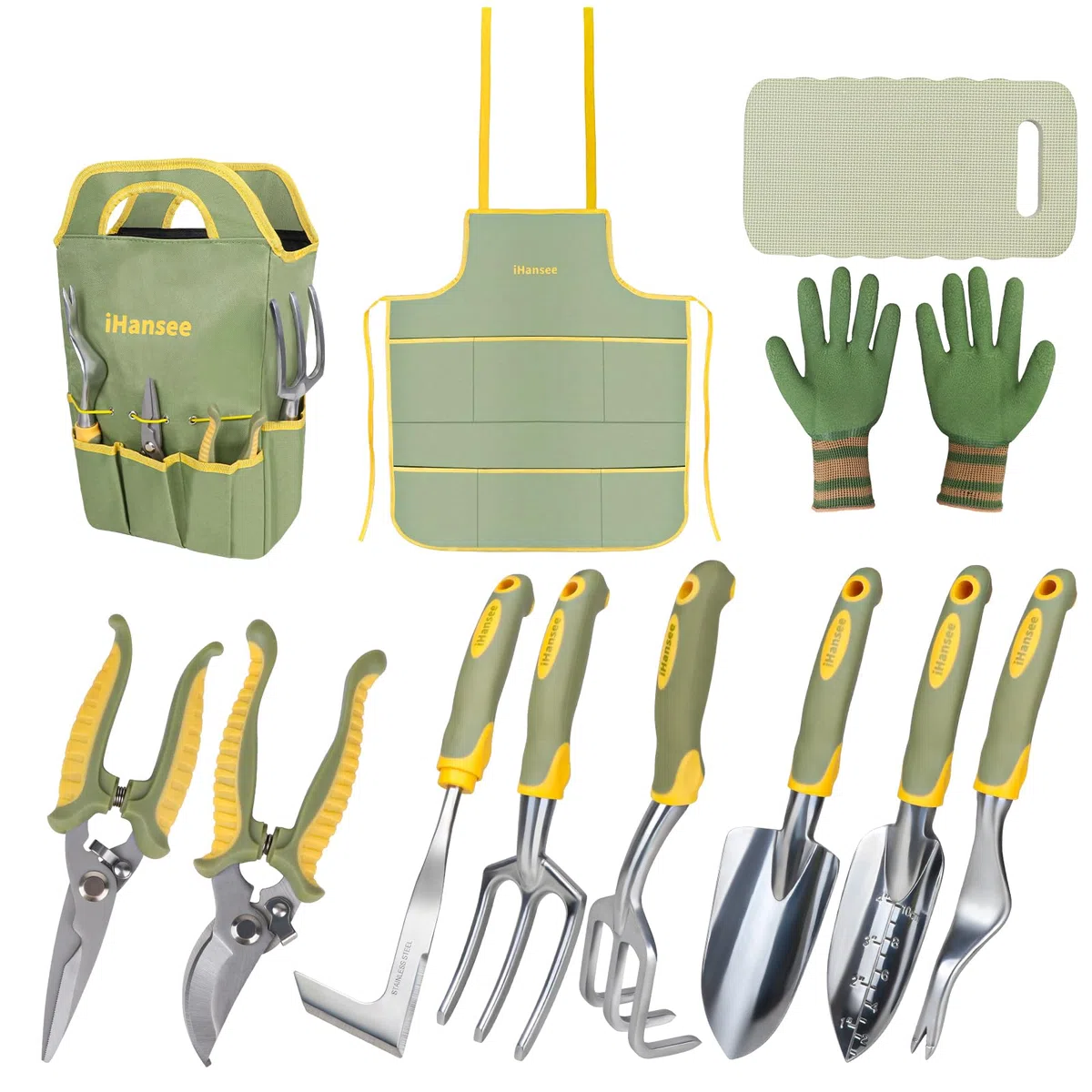 Set di 12 attrezzi da giardino, in alluminio resistente, con manico in gomma antiscivolo, grembiule da giardino, guanti, ginocchiera e borsa portaoggetti, attrezzi da giardino per