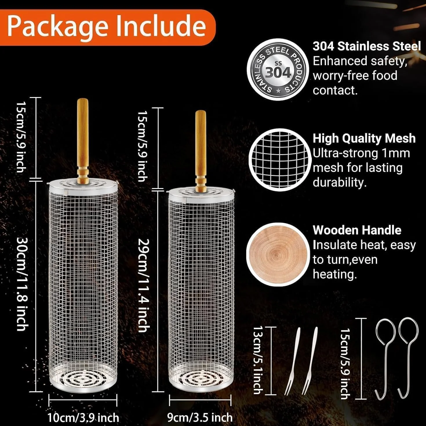 Set 2 Cestelli per Griglia Impilabile Rotanti, Manici in Legno Rimovibili, Acciaio Inossidabile 304, Ideali per Gamberetti, Pesce e Carne, Verdure, Antiruggine, Regalo Perfetto per BBQ