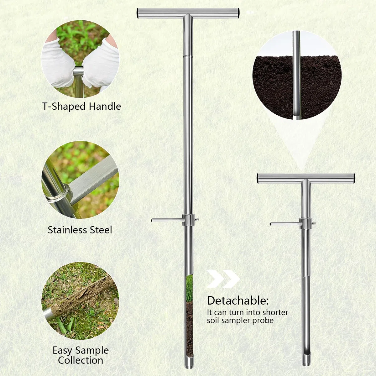 Sonda per campione di terreno, 91 cm, in acciaio inox, con impugnatura a T e pedale, campionatore a T con 2 campioni riutilizzabili, campionatore per la cura delle piante, giardino, prato, agricoltori
