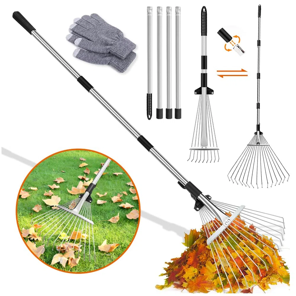 Rastrello da giardino con barra in metallo regolabile da 2,15 m e guanti, rastrello per foglie, rastrello per prato, per pulire piante, prato e cortile