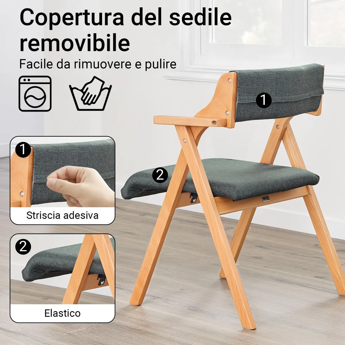 SoBuy Sedia Pieghevole in Legno con 2 cuscini, già montata, 61,5x56x77,6cm | Sedie Pieghevoli da Giardino ergonomiche & compatte, portata 150 kg, per ospiti & sala pranzo & ufficio & balcone, FST98-SG