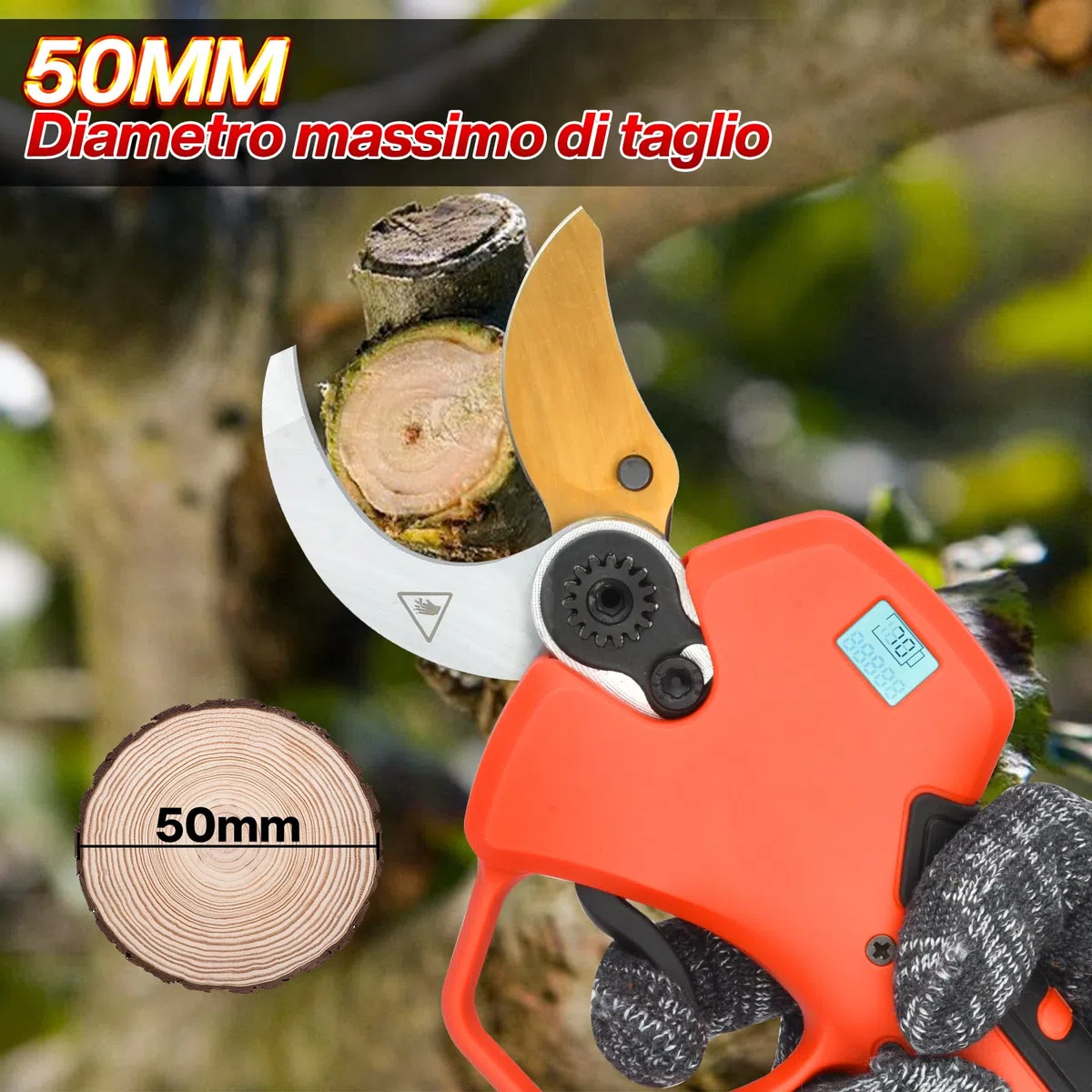 Forbici Potatura a Batteria 50mm 2 x 2000 mAh Brushless 800W | Forbici Elettriche Lama SK5 Schermo LCD Cesoie Elettriche Professionali Regolabile 30-50mm per Potatura Giardino Olivo Ulivo