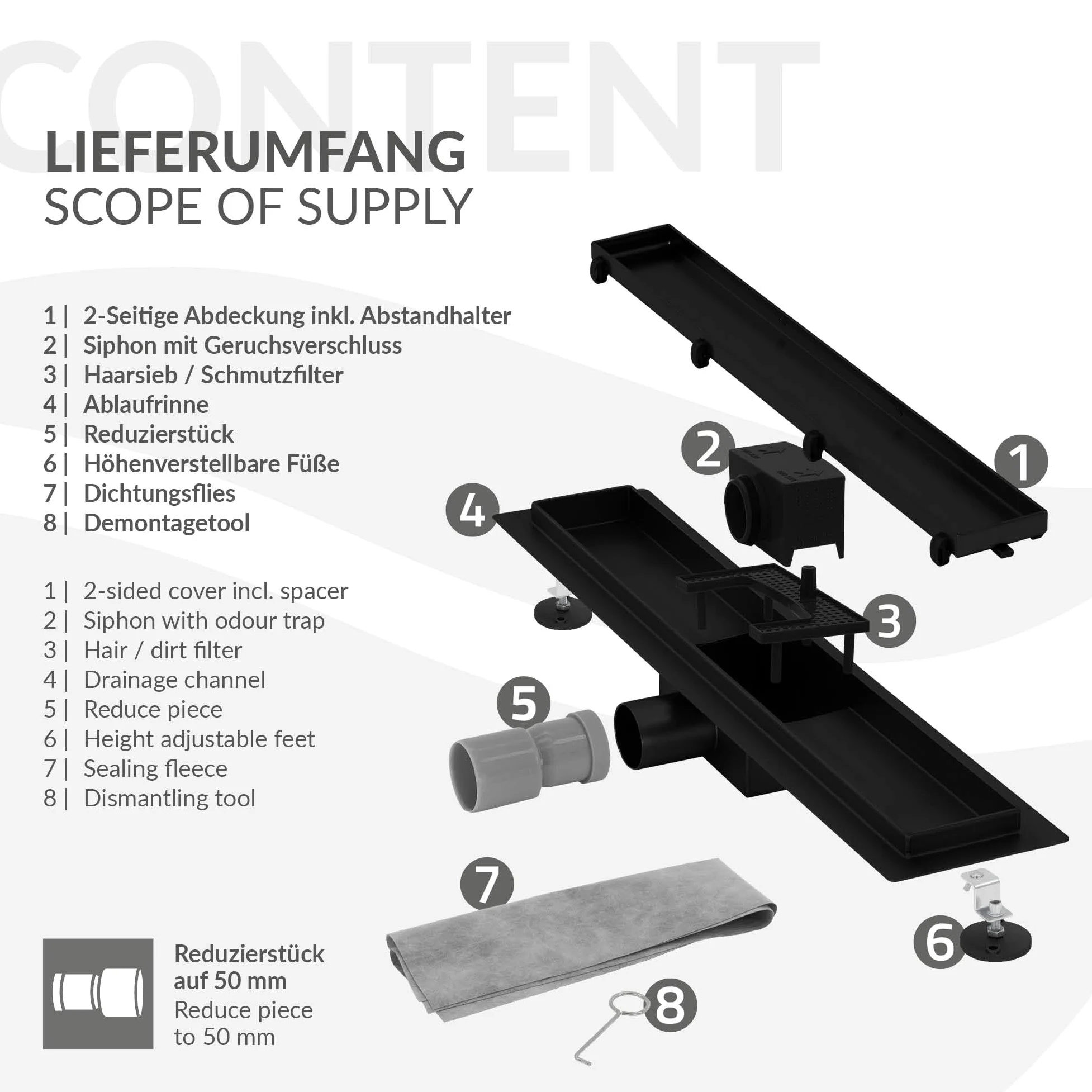 LuxeBath Canaletta per Doccia 50 cm 2 in 1 Drenaggio Piastrellabile in Acciaio Inossidabile Nero Canalina Scarico a Pavimento per Bagno Set Completo di Fissaggio Sifone a Canale con Filtro per Capelli