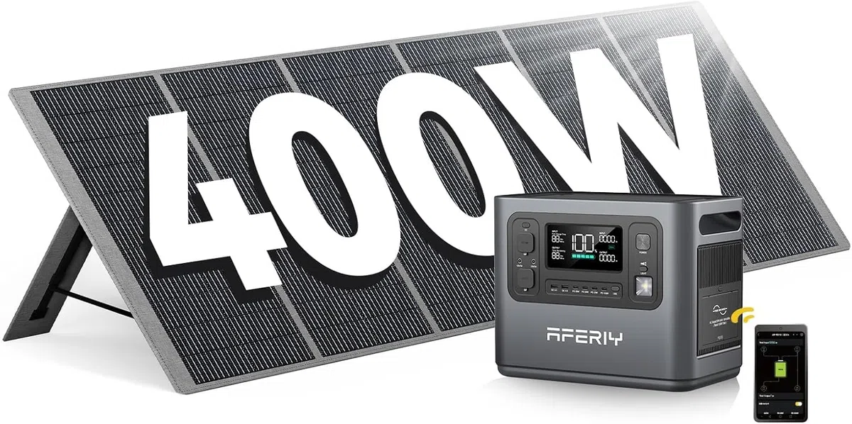 AFERIY Generatore solare da 2400 W con pannello da 400 W, 2048 Wh (picco da 4800 W), batteria LiFePO4, 220 V-240 V, pieghevole con USB, IP65, per campeggio, viaggi, interruzioni