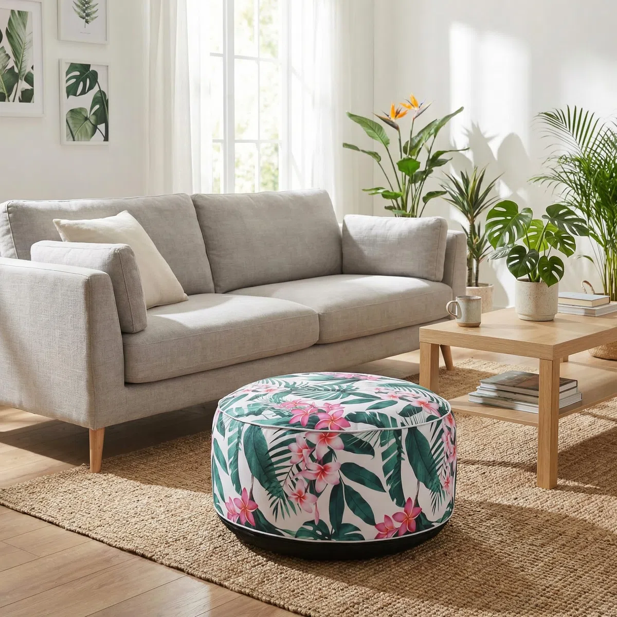 MIJOMA Pouf gonfiabile Ø 55 x 25 cm - Leaves with Flower - Poggiapiedi leggero per soggiorno e balcone - Impermeabile - Pouf e poggiapiedi
