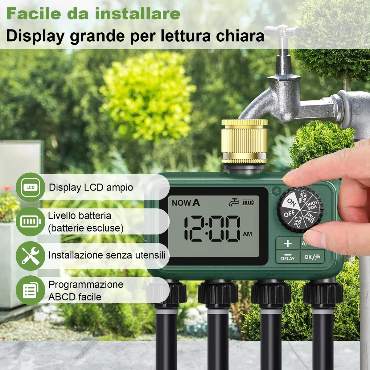 Centralina Irrigazione 4 Vie con Ingresso in Ottone, Grande Display LCD, Computer Giardino Irrigazione Timer, Timer Irrigazione Automatica con Ritardo Pioggia per Automatica e Manuale per Prato