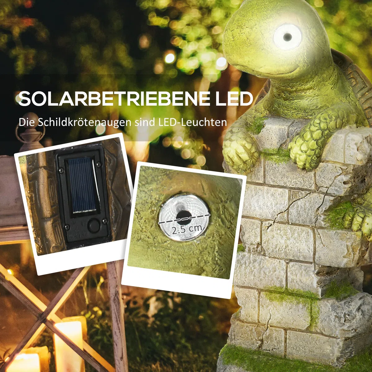 Outsunny Statuetta da giardino a forma di tartaruga con luce solare LED, statua da giardino, scultura da 36,5 cm, ornamento esterno per prato, giardino, cortile