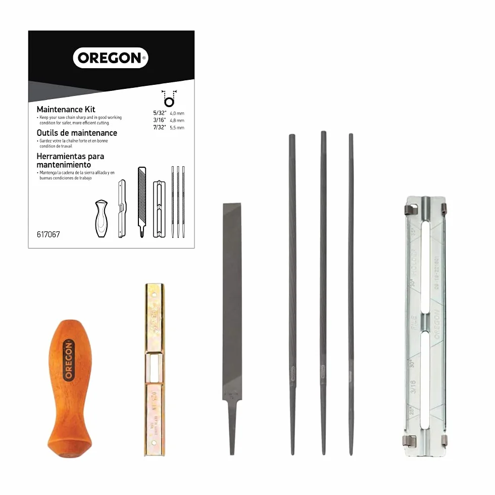 Oregon Kit di Affilatura Universale per Motosega - Include Lime Tonde da 5/32" (4 millimetri), 3/16" (4,8 mm) e 7/32" (5,5 mm), Lima Piatta, Impugnatura, Guida per l'Affilatura e Astuccio