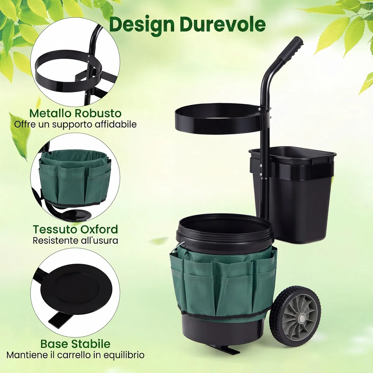 COSTWAY Carrello da Giardino a 2 Ruote, Carrellino da Esterno per Attrezzi da Giardinaggio con Borsa in in Tessuto Oxford, 20 L Secchio Rotondo e 10 L Contenitore Rettangolare Rimovibili