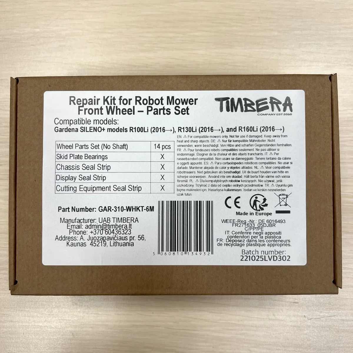 TIMBERA Kit di Riparazione Compatibile con Gardena SILENO+: Ruota Anteriore Senza Asse con Cuscinetti, Guarnizioni, Battistrada, Mozzo e Copertura - Modelli R100Li R130Li R160Li Tosaerba Robot