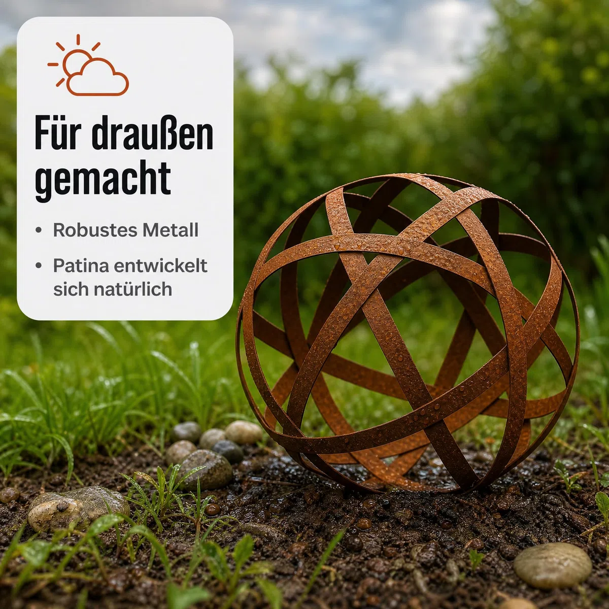 Rostdeko & Decorazione da giardino Sfera (S) in metallo – Decorazione rustica per giardino e terrazza, design semplice, 30 x 30 x 30 cm, effetto ruggine decorativo
