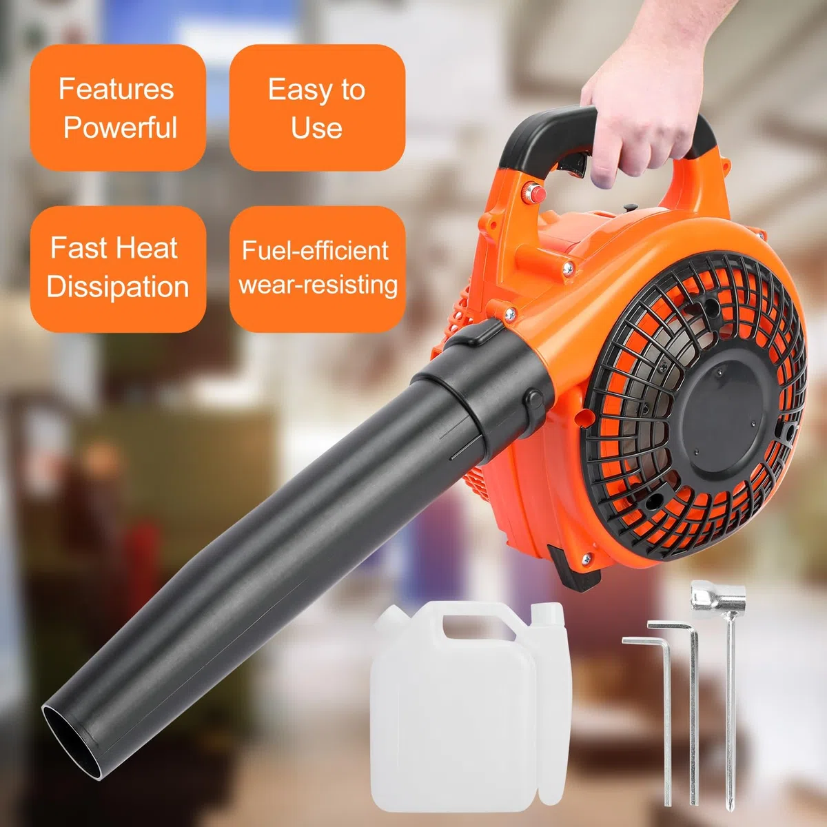 Soffiatore di foglie a benzina 26cc potente, soffiatore portatile motore 2 tempi raffreddato ad aria, avvio semplice, impugnatura ergonomica antivibrazione per giardino cortile pulizia esterna