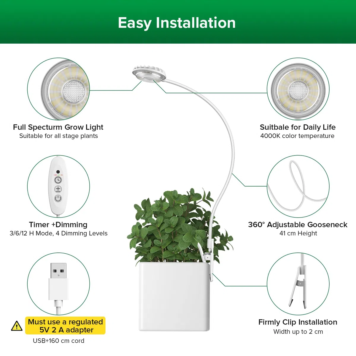SANSI Lampada LED per Piante da Interno, Spettro Completo con Clip Lampada LED da Coltivazione con Timer 3/6/12 Ore, 4 Livelli di Luminosità Dimmerabili per Piante Piccole, Bianco 4.5W 1 Pack