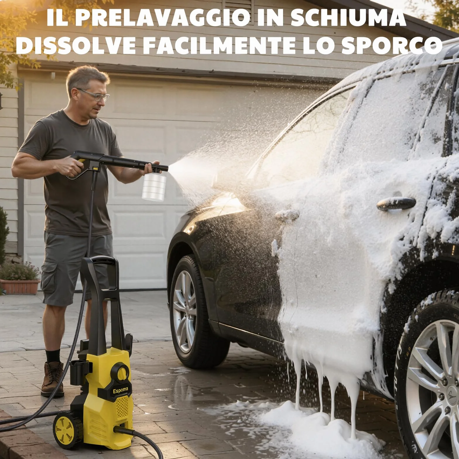 Espoma Idropulitrice Pressione max 150 bar, Portata 380 l/h Idropulitrice, Area di lavoro 30 m²/h, casa, giardino o auto, portata max 450 l/h, pompa in alluminio, Serbatoio detergente 02