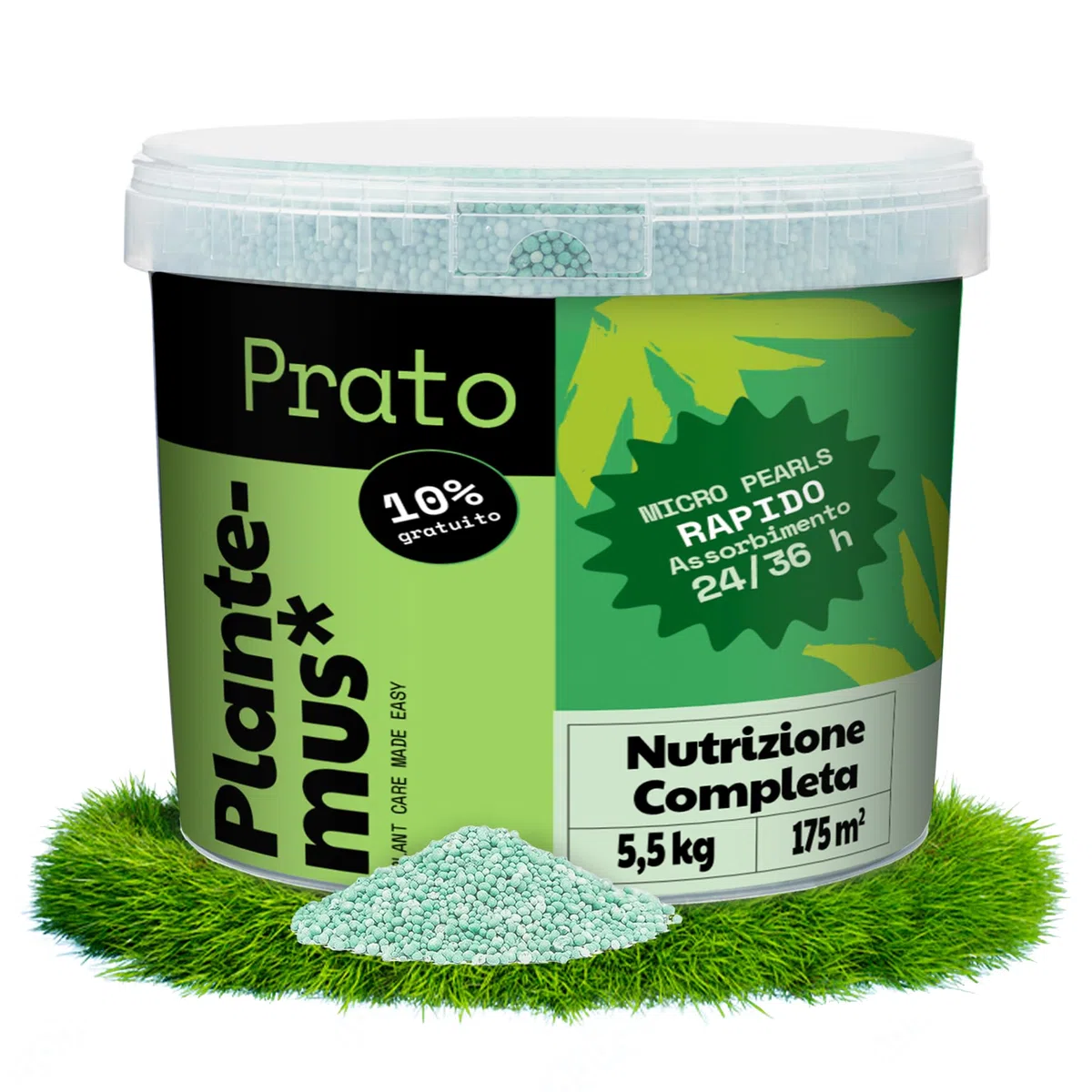 PLANTEMUS Concime per Prato Premium a Effetto Prolungato per 175 m² | Concime NPK (12-11-18) granulare in Perle Ultrasolubili | Nutrizione Completa per un Prato Forte, Verde e Denso 5.5 kg