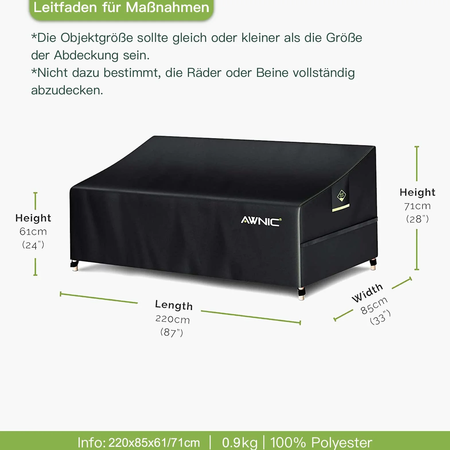 AWNIC Copridivano Componibile da Giardino, Copridivano Esterno 3 Posti, Impermeabile, Resistente ai Raggi UV, 220 x 85 x 61/71 cm