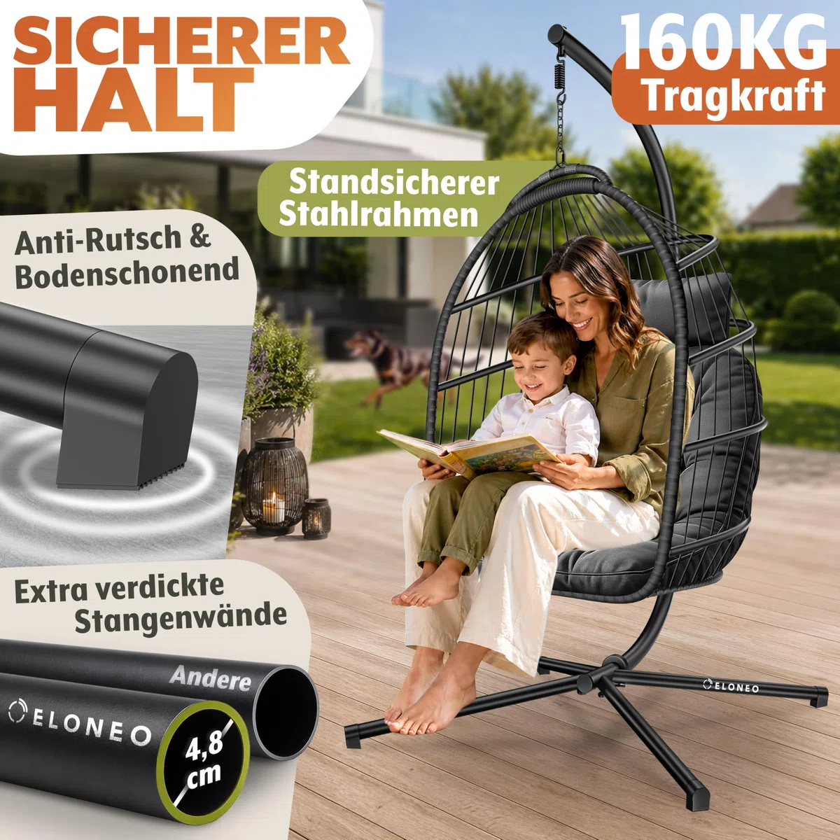 Sedia sospesa ELONEO con supporto e cuscino premium, sedia sospesa per esterno e interno con copertura, altalena sospesa per esterno con capacità di carico fino a 160 kg, hanging chair, antracite