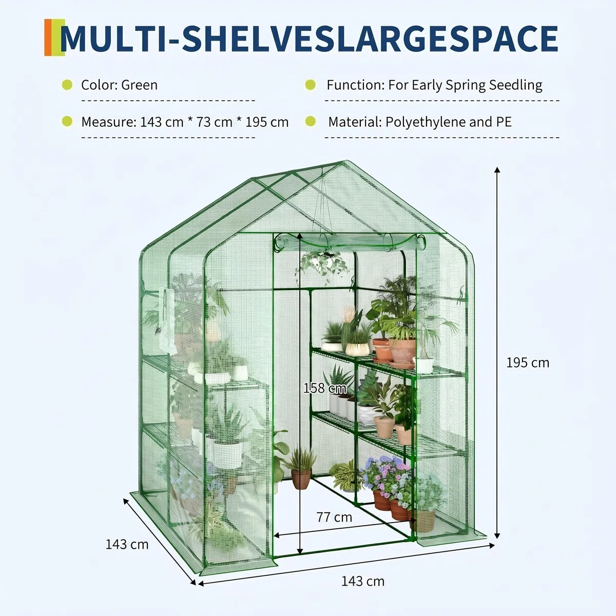 Garvee Serra da Giardino a Casetta, 143x143x195 cm, Serra Walk-in con 12 Ripiani e 2 Finestre, Copertura in PE Rinforzato 140G per Orto e Piante, Verde