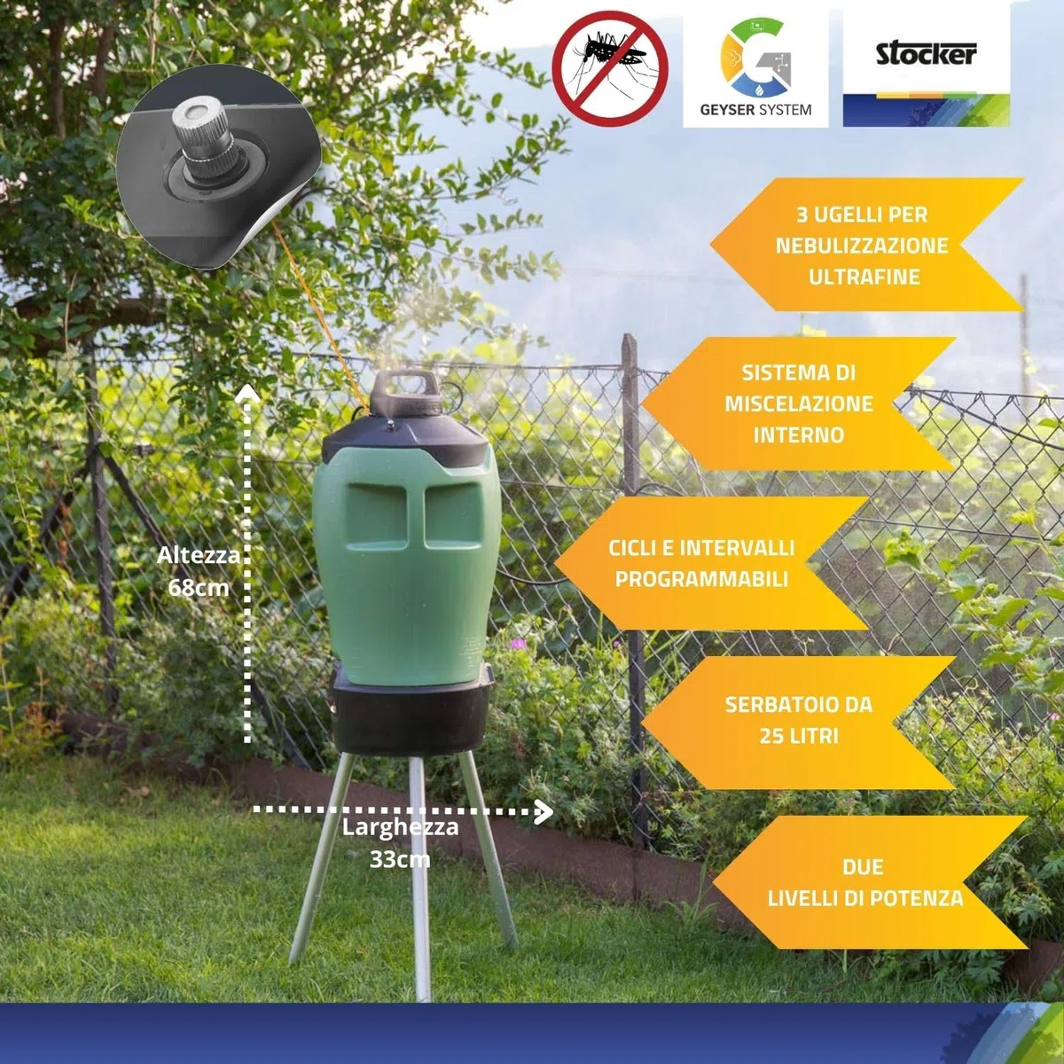 STOCKER - Geyser Nebulizzatore 25 L MI 21 V - Kit Completo Anti-Zanzare con Batteria Li-Ion 21V, Serbatoio 25L e 100 m di Tubo - Copertura fino a 400 mq - Sistema di Miscelazione Interna