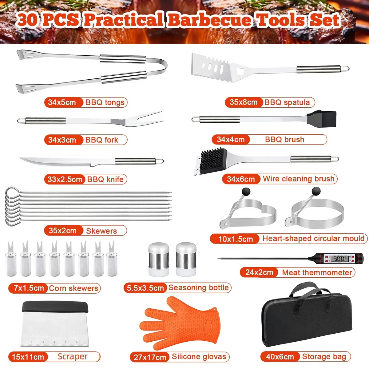 Set di 30 Posate per Barbecue, in Acciaio Inox di Alta qualità, Pinza per Barbecue, cavatappi, Set con Valigetta e Tappetino per Barbecue, per Uomini, Regalo per Campeggio, Marrone