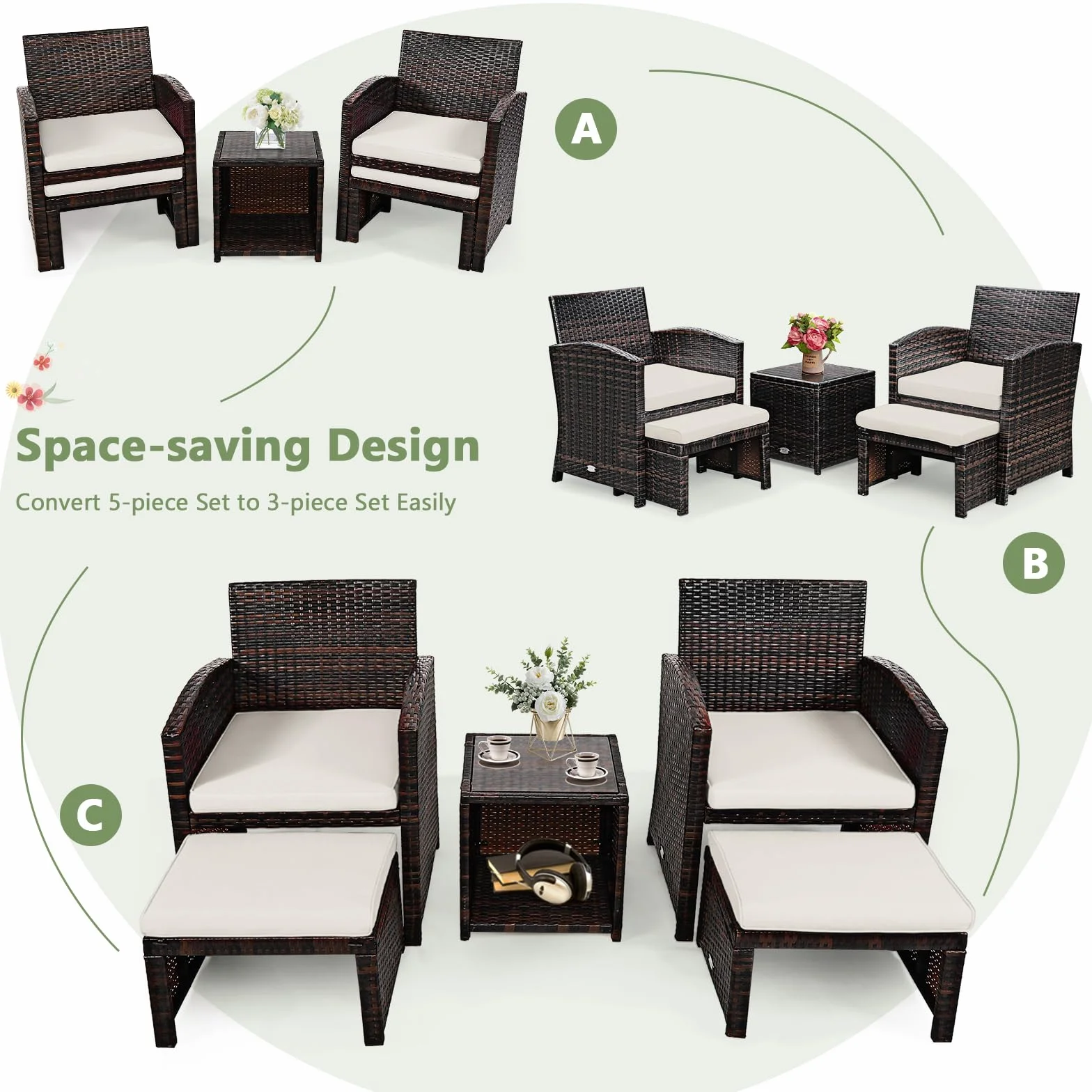 GIANTEX Salotto da Giardino in Rattan, Set da 2 Poltrone e 2 Poggiapiedi e 1 Tavolino da Caffè, Carico Massimo per Sedia 160 kg, Carico del Tavolo 30 kg, 2 Colori (Bianco)
