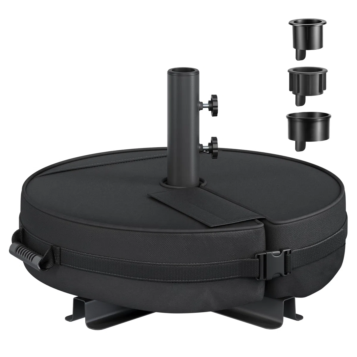 SONGMICS Base per Ombrellone, Supporto per Ombrellone, Riempibile con Sabbia, Porta per Ombrelloni da 1,5 a 3 m, con 3 Anelli Riduttori, Nero GUB0041B01