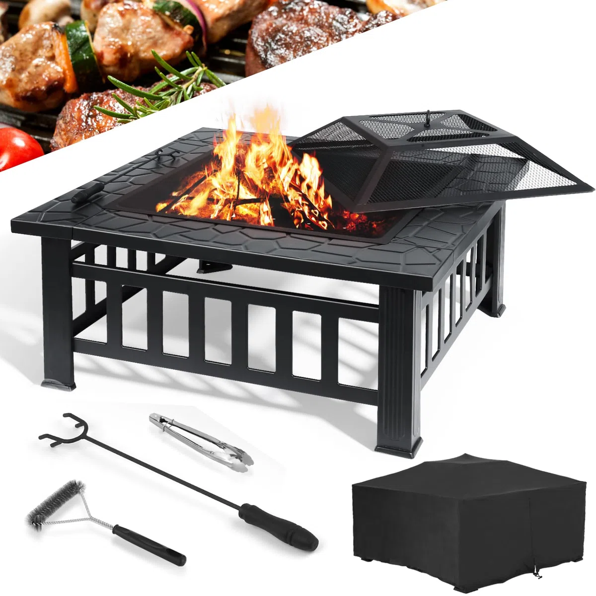 LIFERUN Braciere Barbecue con Griglia Esterno, 81cm Braciere da Giardino | Braciere da Esterno in Ferro,con Griglia, Attizzatoio,Parascintille, Copertura Impermeabile,Pinze per Grill,Spazzola,4 Gamba