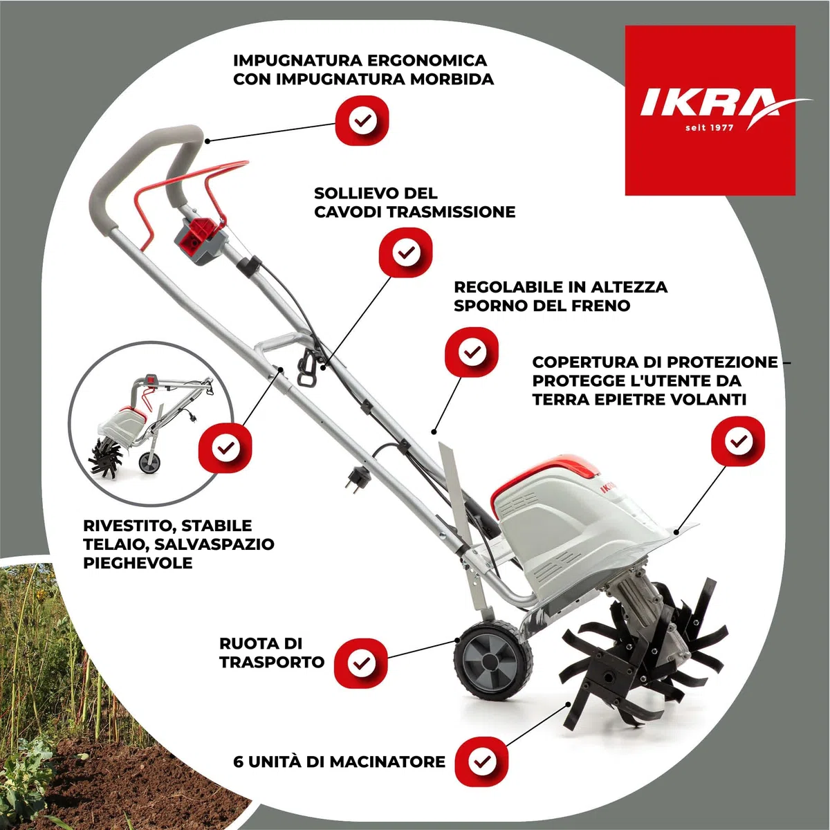 IKRA motozappa elettrica FEM 1500, 3 larghezze regolabili 17, 30 e 45 cm | 1500 W, profondità di lavoro 23 cm, sperone frenante, ruota trasporto, pieghevole, protezione da sovraccarico