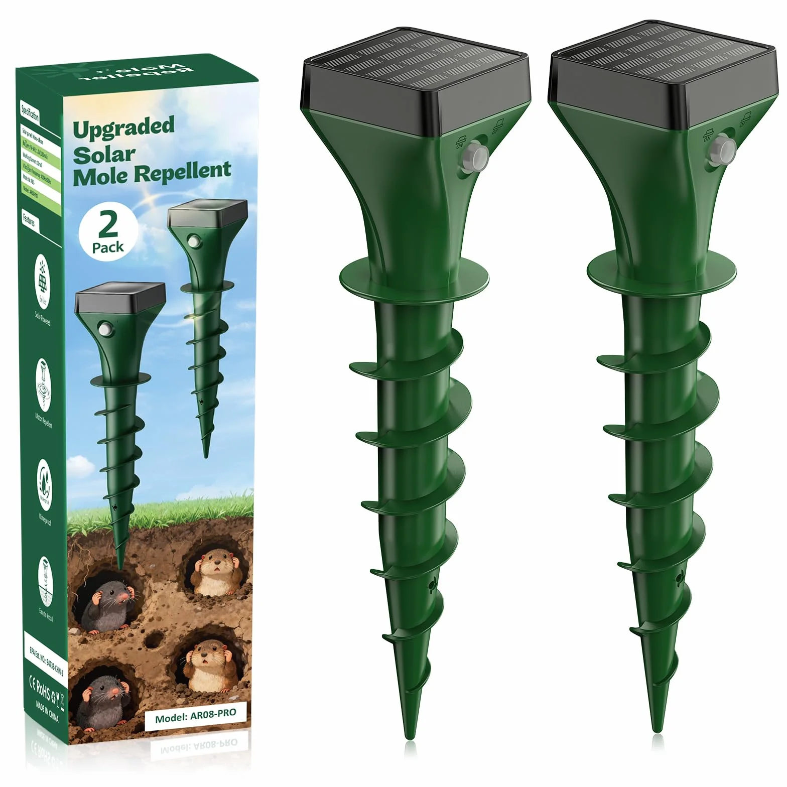 Dissuasori per Talpe 2 Pezzi, Dissuasori per Topi, Repellente per Talpe, Ultrasuoni per Talpe, Dissuasori per Serpenti, Dissuasore Solare per Giardino e Campeggioi-Verde