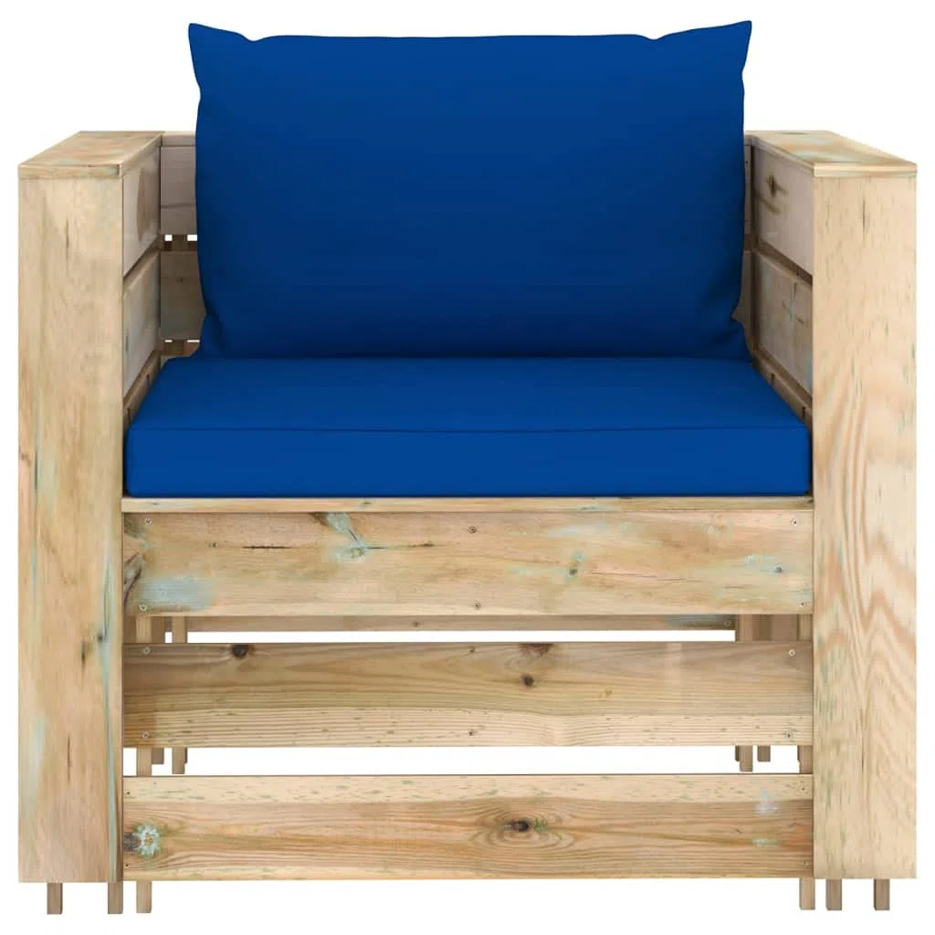 Set Salotto da Giardino 2 Pz in Legno Pino con Cuscini Blu | Design modulare a pallet in pino con spessi cuscini blu per relax in terrazzo, patio e portico esterno.