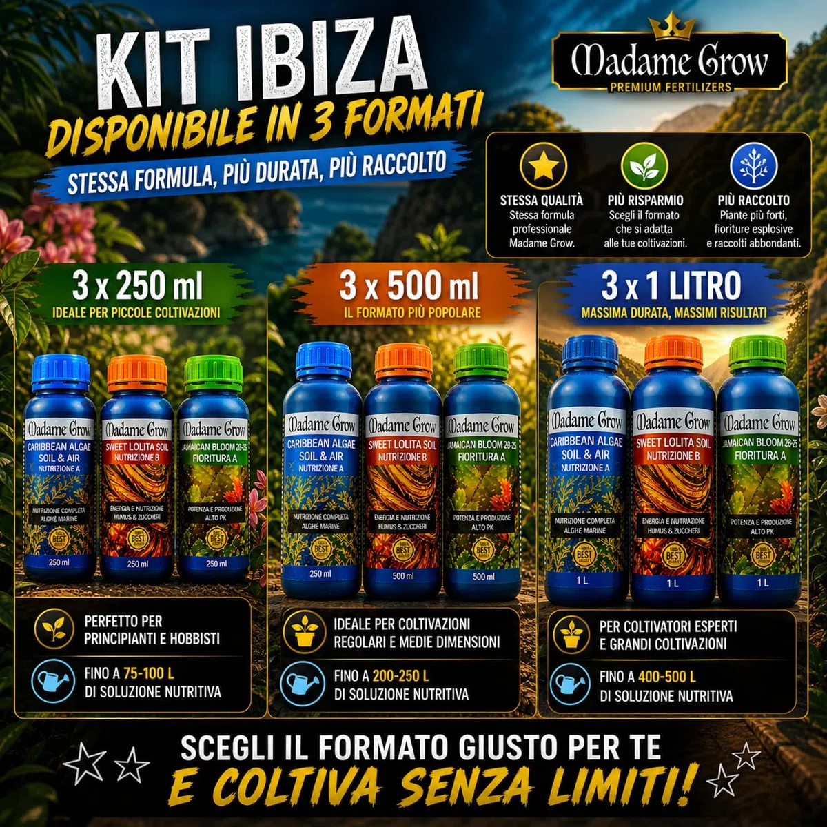 Madame Grow Kit Fertilizzanti Organici 3x1L - Concimi Biologici Superconcentrati, Ciclo Completo Crescita e Fioritura per Piante, Vegetal Bioplant