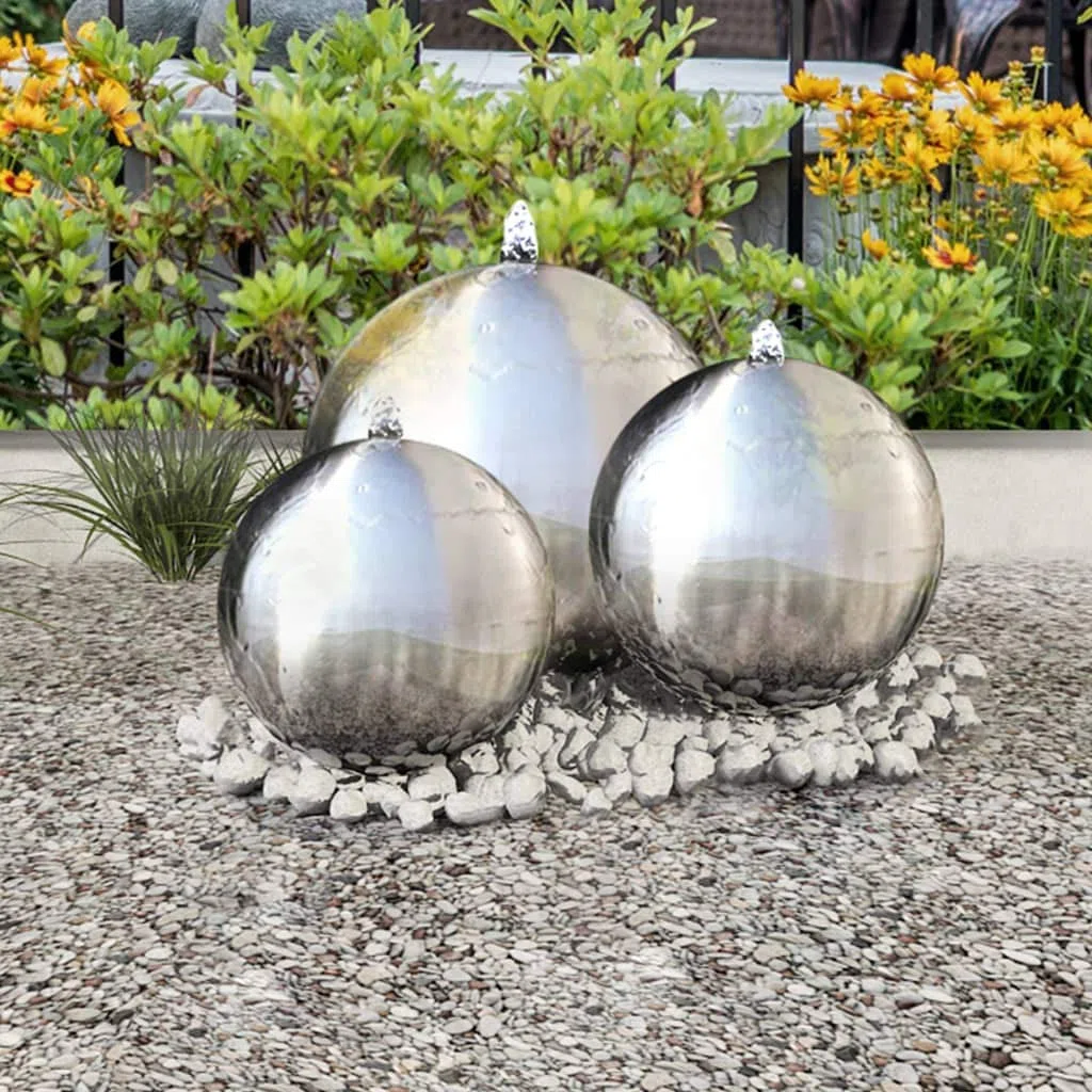 Set di 3 fontane da giardino con LED in acciaio inox 304, 20, 30, 40 cm, luce bianca, gioco d'acqua per terrazza, balcone, giardino, senza pompa, per un'atmosfera tranquilla