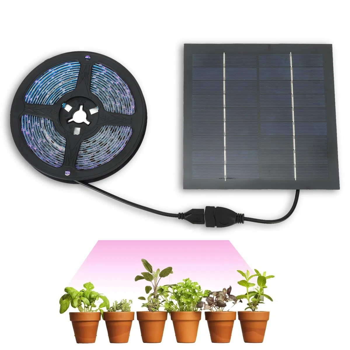 HERCHR Strisce Luminose per Piante, 5W 5V 5A Striscia Luminosa per Coltivazione Solari Lampada per Coltivazione a LED da 5 m Energia Solare Promuove la Crescita con Pannello Solare