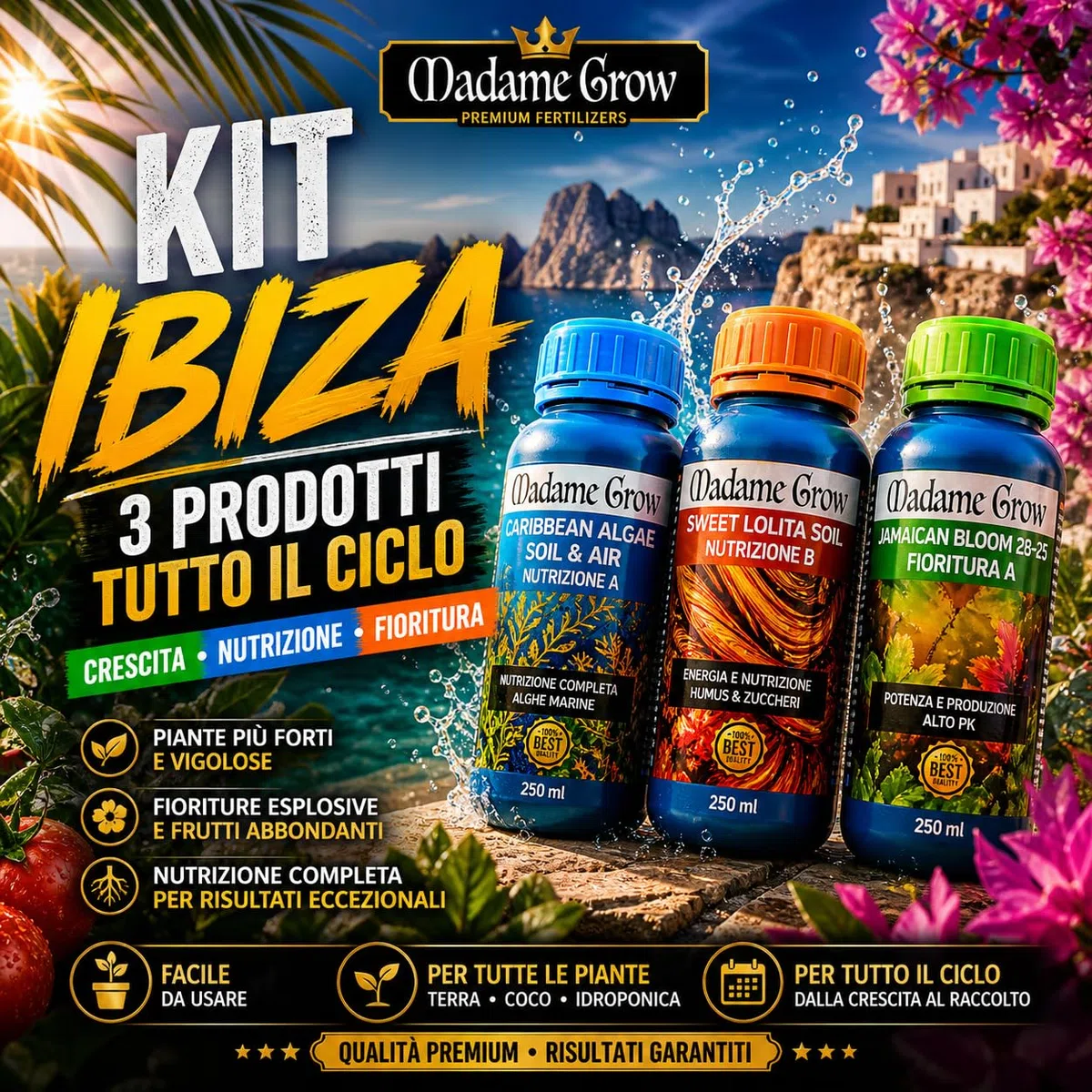 Madame Grow Kit Fertilizzanti Organici 3x1L - Concimi Biologici Superconcentrati, Ciclo Completo Crescita e Fioritura per Piante, Vegetal Bioplant