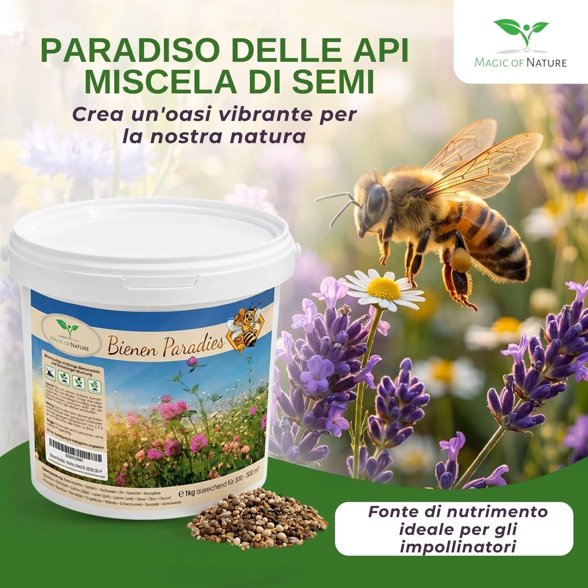 Magic of Nature: Miscela di Semi di fiori - Paradiso delle Api 1 kg | Facile da usare - Pascolo per api in fiore - Consigli per la semina - Per 300-500 m²
