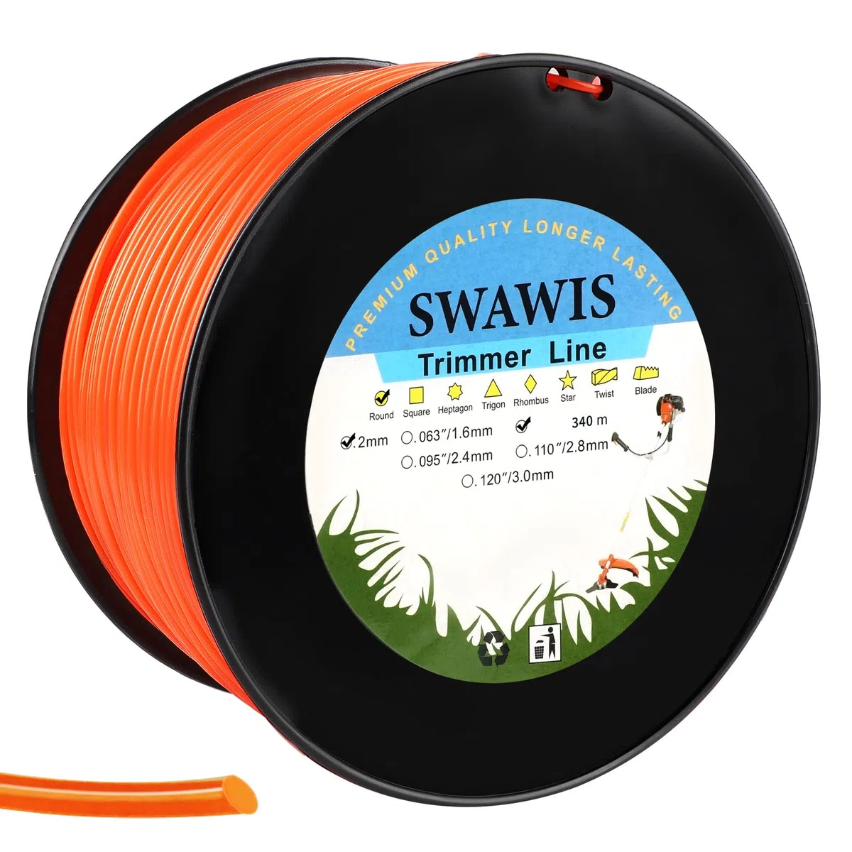 SWAWIS Filo di Ricambio per decespugliatore, 2,0 mm / 340 M, Rotondo, Filo di Ricambio per decespugliatore Weed Grass Yard o Garden, Arancione