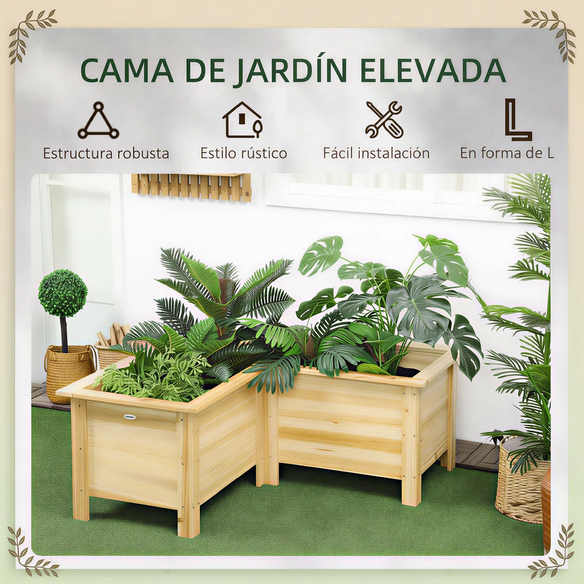 Outsunny Fioriera rialzata in legno a forma di L con tessuto non tessuto vaso esterno orto urbano per colture di piante e fiori per terrazza giardino 120 x 120 x 50 cm naturale