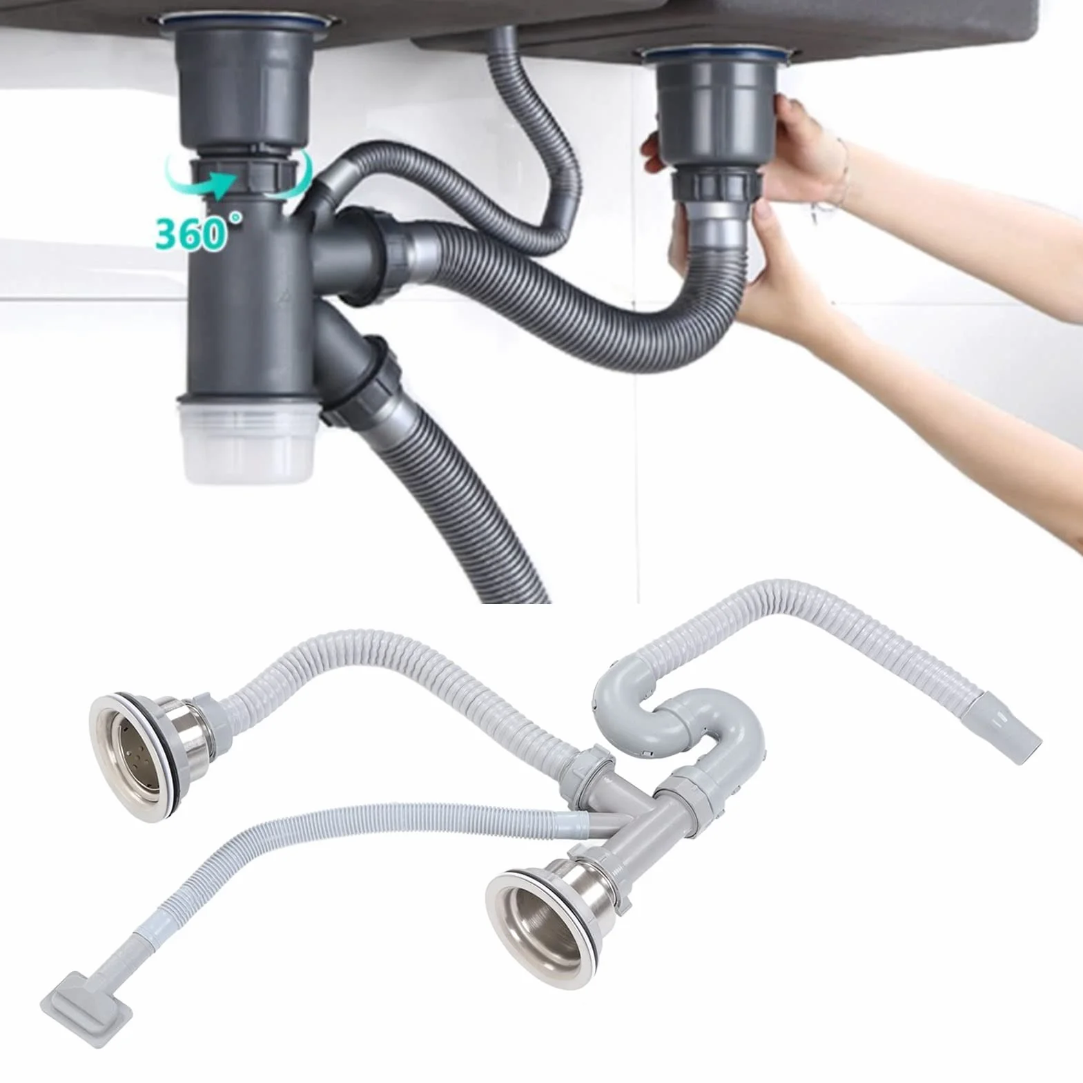 Set di Tubi Scolapiatti in Acciaio Inox per Lavello da e Bagno, Tubo di Scarico Flessibile con Doppio Sifone, di Drenaggio per Lavandino di Casa