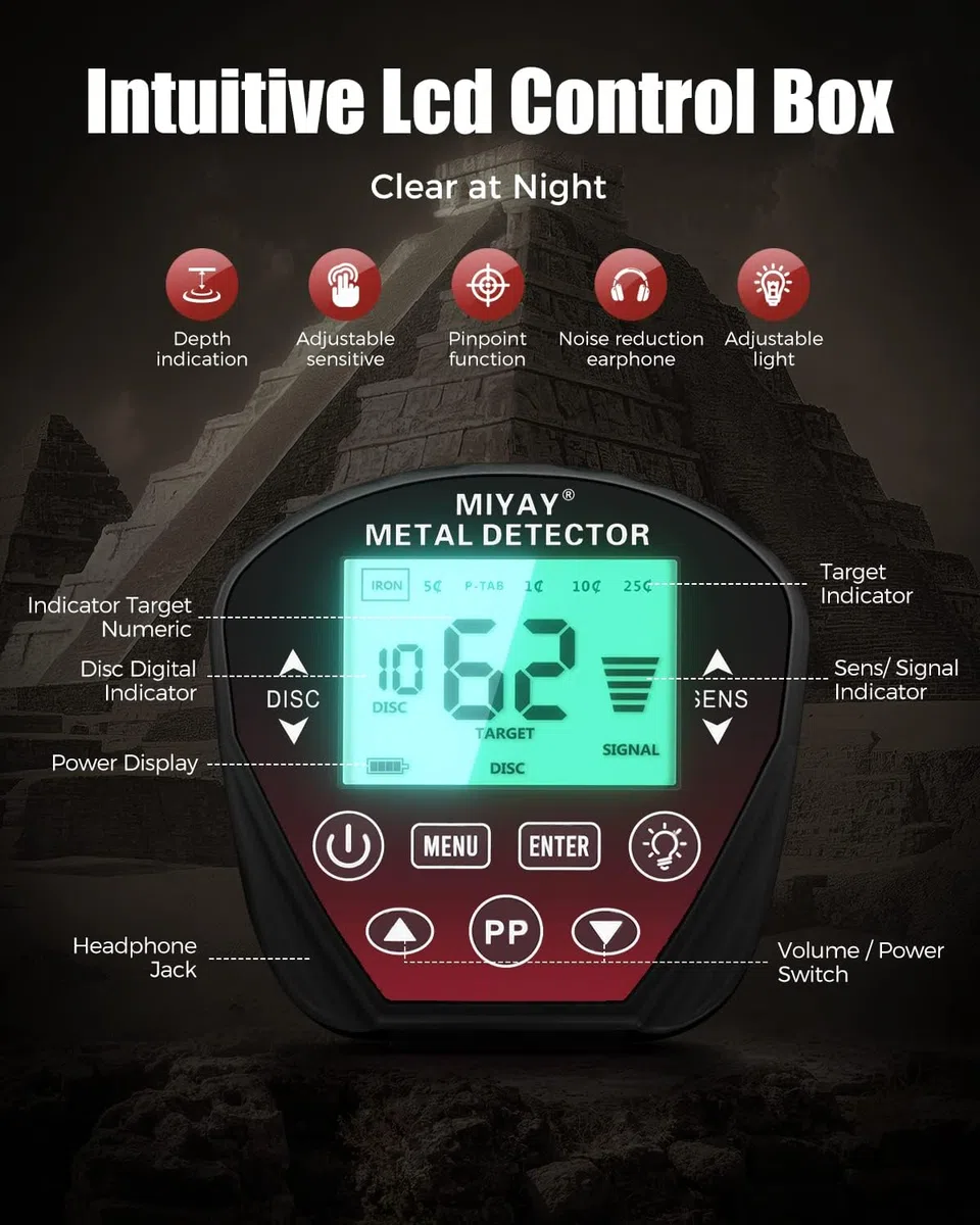 Metal Detector Professionali, Metaldetector Portatile per Adulti, Bobina di Ricerca Impermeabile da 10", Display LCD, 5 modalità (Rosso)